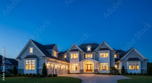 Exterior of a large upscale house at dusk with a clear blue sky
