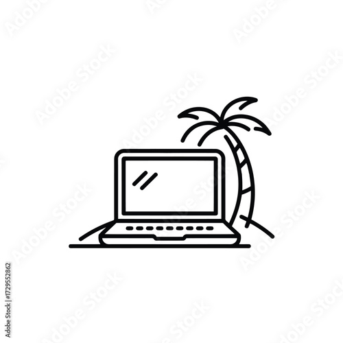 Digital nomad lifestyle concept with laptop and palm tree vector illustration in black outline