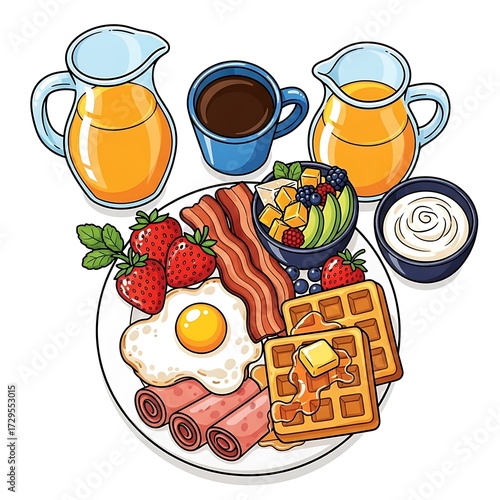 Full breakfast platter with waffles, eggs, bacon, fruit and coffee
