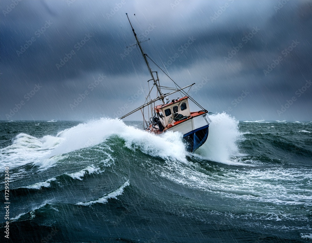 Obraz premium a small fishing boat battles through monstrous waves and turbulent wind swept rain creating a high stakes disaster the boat appears overwhelmed by the sheer power of the sea