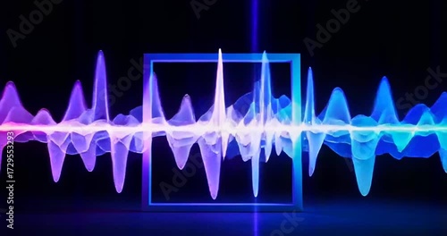 Vibrant neon audio waveform pulsating through a glowing square frame, an abstract representation of digital sound, music, and frequency