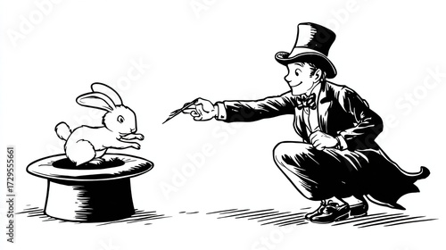 A black-and-white illustration depicts a magician in a top hat and tails, crouching, using a wand to seemingly coax a rabbit from a tall hat