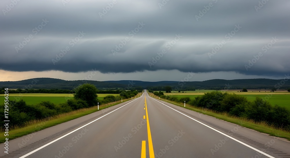 Fototapeta premium Long straight empty road through a rural landscape under a stormy sky