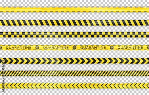 Black and yellow seamless warning stripe line pack isolated on transparent background. Biohazard covid lines. Realistic police tape. Vector illustration