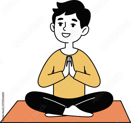 Vector art of a man in a yellow shirt and black pants is sitting crosslegged on an orange yoga mat with his hands in prayer position, he is smiling and looking peaceful