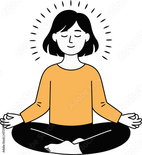 Vector art of a woman in a yellow shirt and black pants is sitting crosslegged in a meditative pose with a halo around her head, she is smiling and looking peaceful