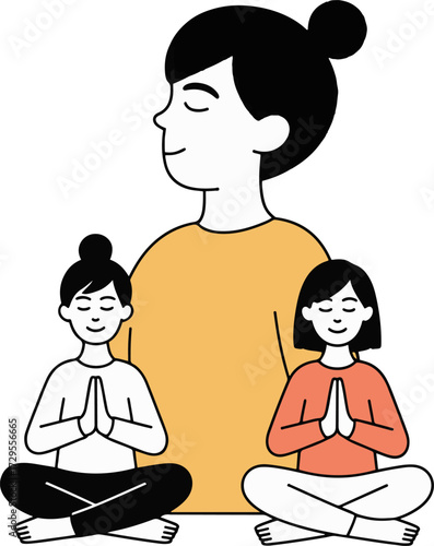Vector art of a mother and her two daughters are meditating together, the mother is standing behind her daughters, who are sitting in a lotus position with their hands in prayer position