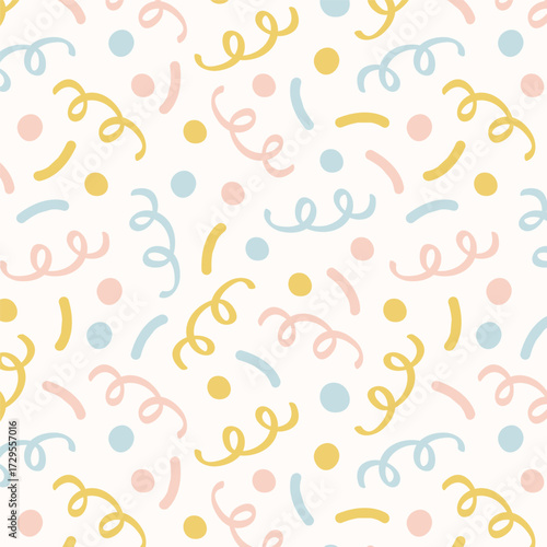 Seamless vector flat pattern of pastel yellow, blue and pink hand-drawn confetti dots and curly swirls, lively festive texture. Ideal for party supplies, social media, packaging, textile and branding.