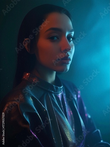 Intense portrait of a woman in a metallic jacket, dramatically lit with blue and cyan neon light and smoke. Edgy, cyberpunk, and futuristic style