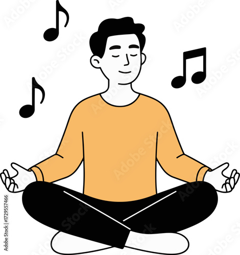 Vector art of a man is meditating in the lotus position with musical notes floating around him, wearing a yellow shirt and black pants he is enjoying the music