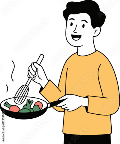 Vector art of a cheerful man is cooking vegetables in a pan, stirring with a spatula, showcasing a healthy lifestyle and culinary skills