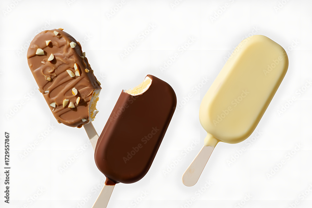 Obraz premium Three ice cream bars isolated on white background, offering a variety of flavors and textures for a refreshing and sweet treat
