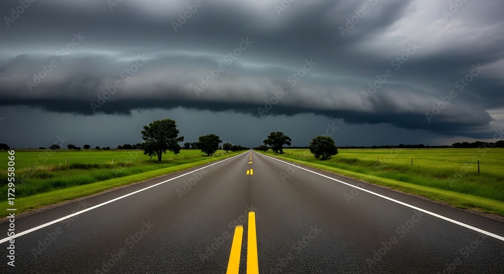 Naklejka premium Ominous storm clouds and shelf cloud over a long empty rural highway