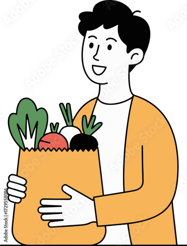 Vector art of a smiling man with dark hair is holding a grocery bag full of fresh vegetables, he is wearing a yellow sweater and promoting healthy eating and sustainable shopping habits