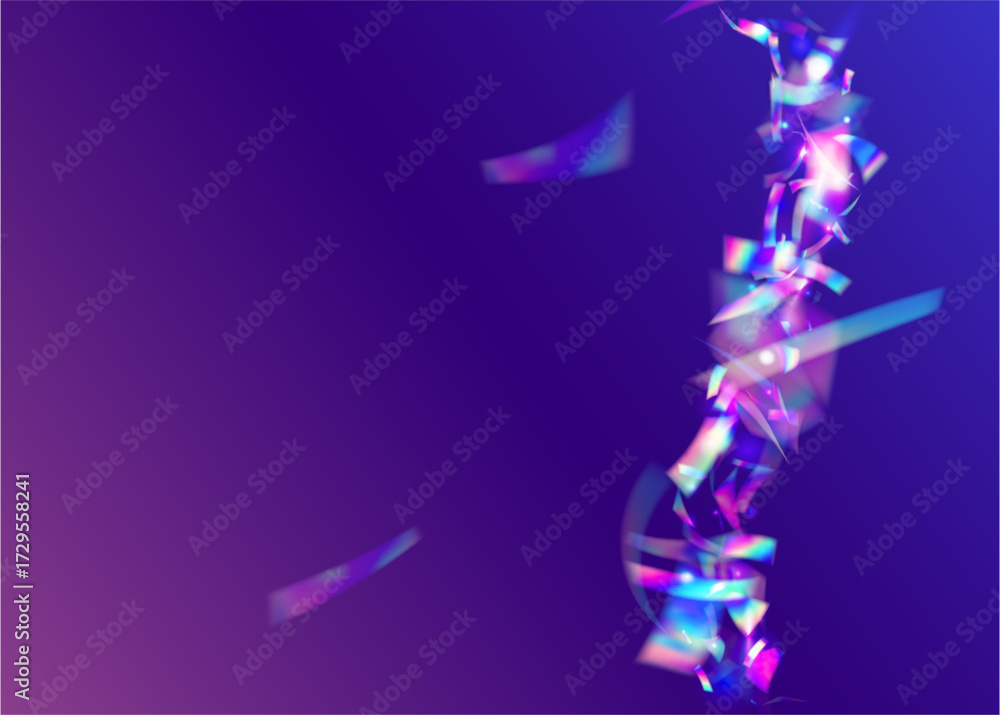 Fototapeta premium Anniversary Confetti. Laser Iridescent Serpentine. Color Burst. Isolated Tinsel. Abstract Banner. Art Sparkle. Explosion Glitter. Pink Light Ribbon. Purple Anniversary Confetti