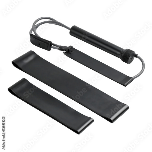 Resistance bands and a handle are arranged against a stark black backdrop, showcasing a fitness accessory designed for exercise.