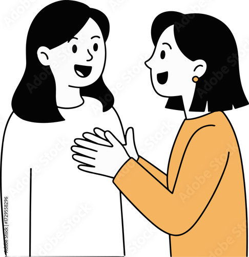 Vector art of two women are talking to each other one woman is explaining something with her hands, while the other is listening attentively they are both smiling and seem to be enjoying the conversat