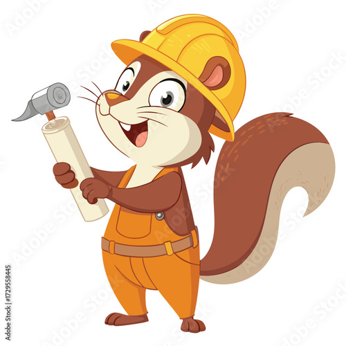 A cartoon squirrel wearing a hard hat and overalls holding a caulking gun.