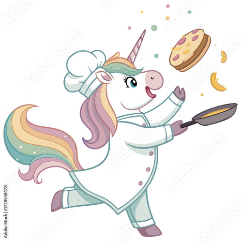 A whimsical unicorn chef tosses a pizza and pancakes with a frying pan.