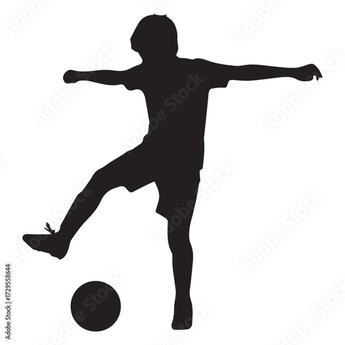 football player silhouette, Silhouette of a boy playing soccer, balancing the ball with one foot on white background