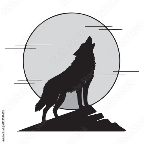 Silhouette of a wolf howling at the full moon on a rock, with reflection and minimalist design on white background
