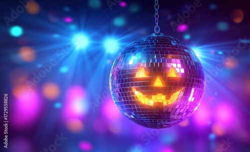halloween disco ball with a glowing jack-o'-lantern face in the dark, on a blue and purple background with colorful lights Generative AI