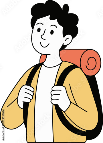 Vector art of a smiling man with dark curly hair is depicted wearing a backpack, ready for a hiking trip, he appears enthusiastic about his outdoor adventure