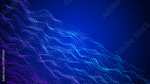 Abstract Wave Pattern With Dot. Blue And Purple Big Data Background For Ai Concept. Tech Sound Design.  Colorful Fluid Form With 5g Motion And Internet Connection. Wavy Dots Noise Bg.