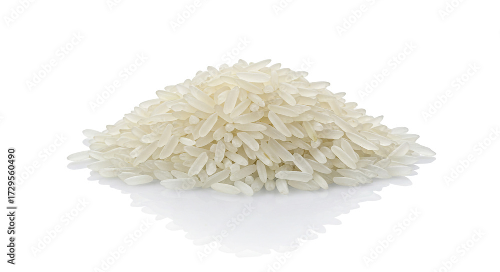 Obraz premium Pristine pile of uncooked white rice grains, essential pantry staple, showcasing natural texture and purity for culinary inspiration