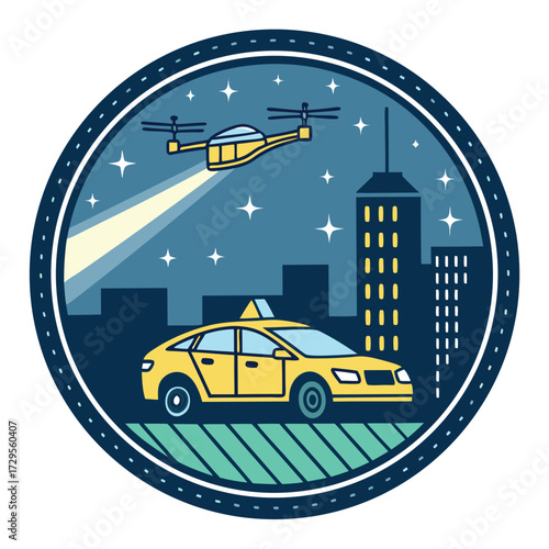 A futuristic drone taxi flies over a city at night. A yellow taxi is visible on the street.
