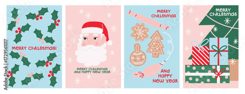 Christmas cards with Santa, Christmas cookies, mistletoe, Christmas tree,  gifts, christmas and new year elements. Christmas posters. Vector illustrations