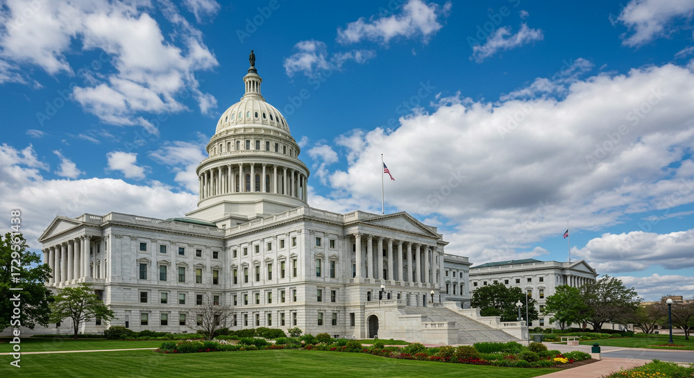 Naklejka premium Iconic United States Capitol building with grand dome and columns under a vibrant blue sky with fluffy clouds