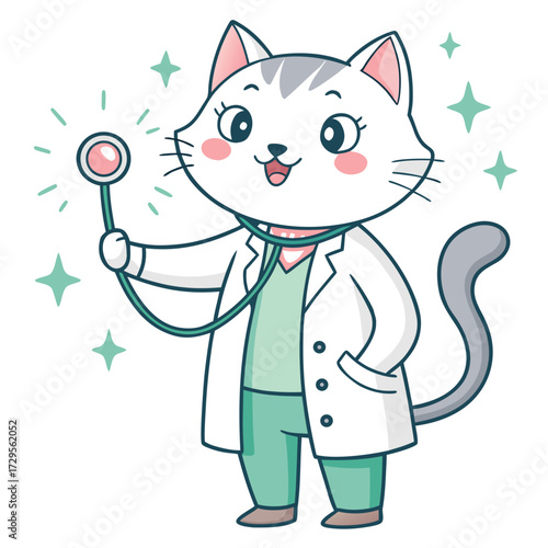 Cute cat doctor holding a stethoscope and wearing a lab coat.