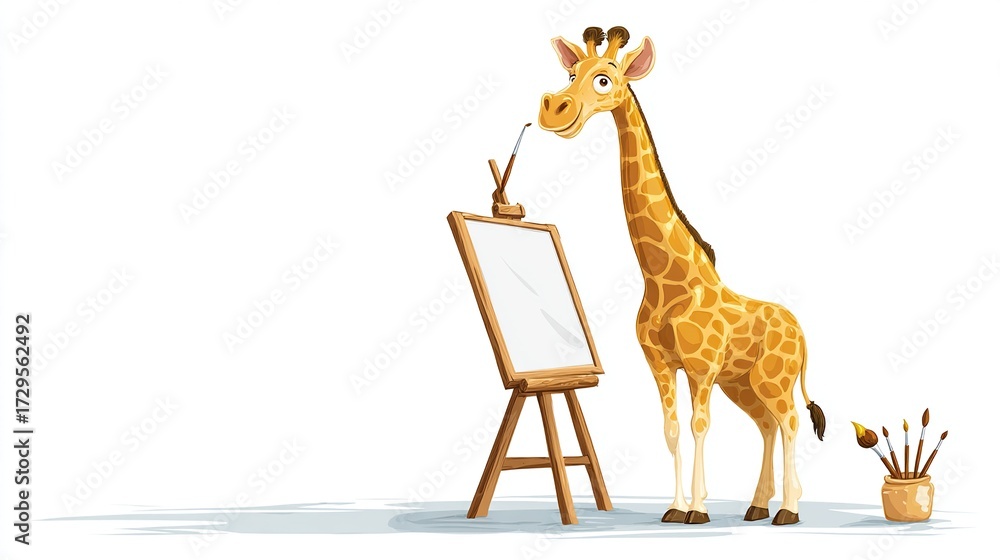 Naklejka premium A cartoon giraffe, with a happy expression, stands beside a wooden easel holding a blank canvas. Paintbrushes and a jar of paint are beside the giraffe