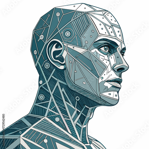 A stylized, geometric human head and shoulders in profile.