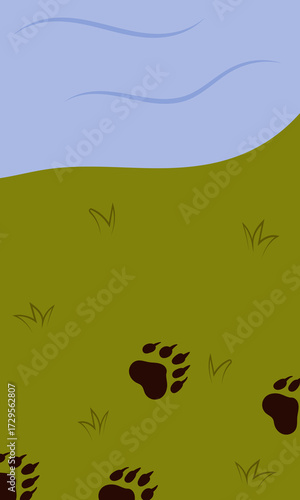 Flat vector illustration of camping outdoors. Mountains, campfire, tent, nature, camper, trees, coffee, backpack, guitar, kettle, boiler, tea, silence, calm, peace, marshmallows on fire