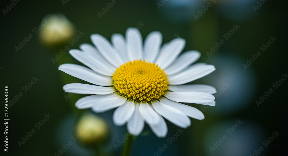 Fototapeta premium Delicate white daisy with vibrant yellow center blooms gracefully in soft focus garden setting