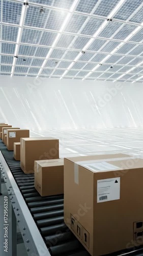 Automated Packaging System Showcase Featuring Cardboard Boxes on Conveyor Belt in Modern Warehouse Environment