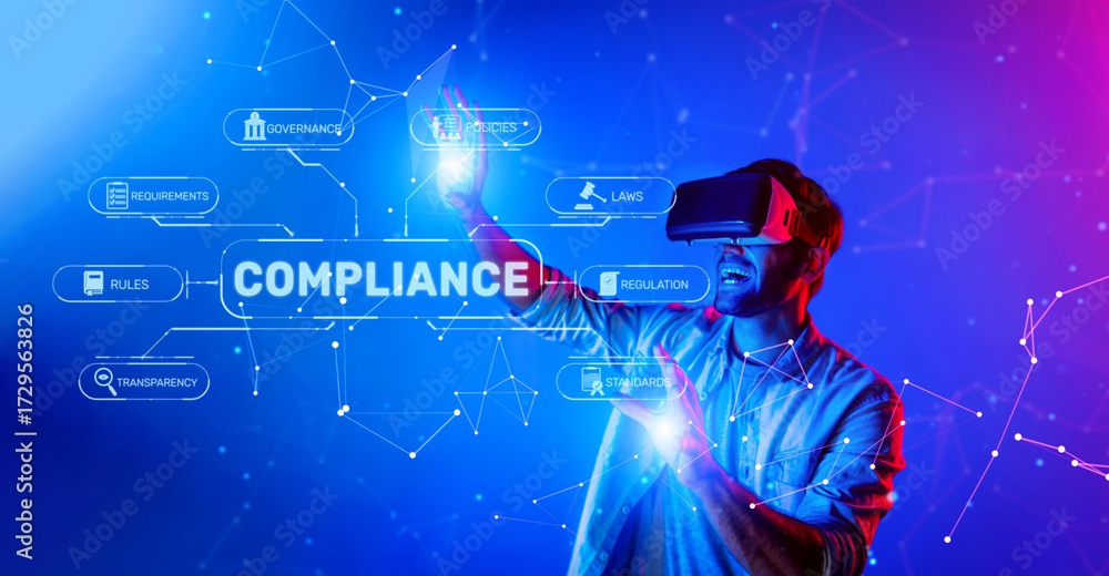 Obraz premium A young professional actively participating in virtual reality training focused on compliance and regulations, surrounded by digital elements highlighting various laws and requirements. XDMCP