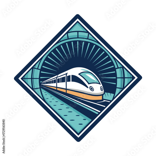 A modern train enters a stylized tunnel with radiating lines.