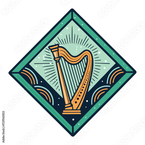 A rhombus shaped graphic with a harp in the center.