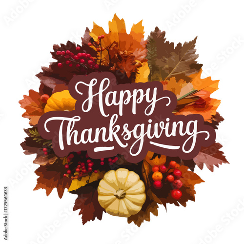 Happy thanksgiving text with autumn leaves and pumpkin isolated on white background