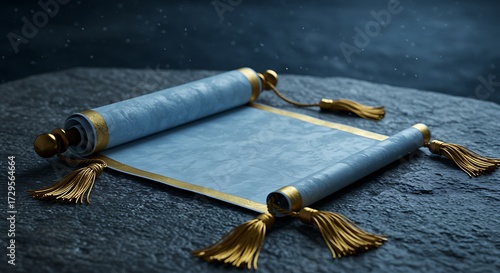 Open blue scroll with gold trim and tassels on dark textured surface ancient parchment