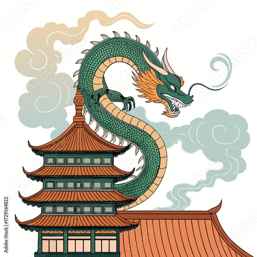 A mystical dragon coils around a pagoda, shrouded in mist.