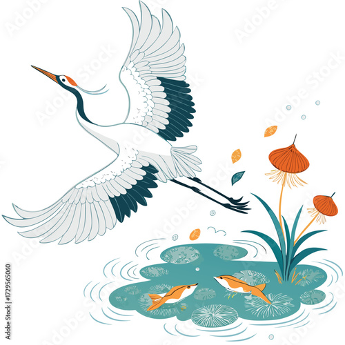 A Japanese crane flies over a pond with koi fish and lotus flowers.