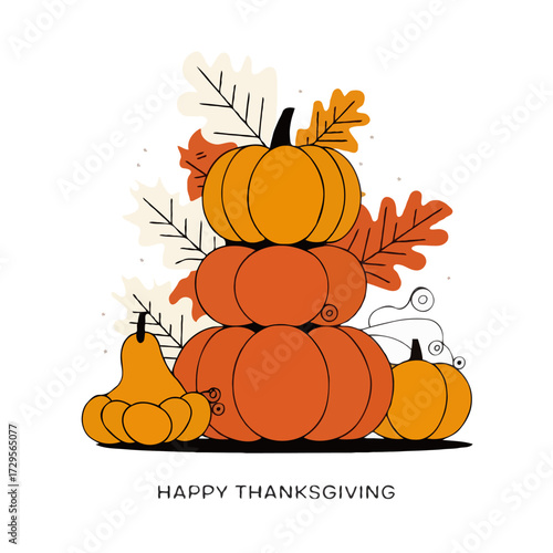 Stack of pumpkins and gourds with autumn leaves isolated on white background