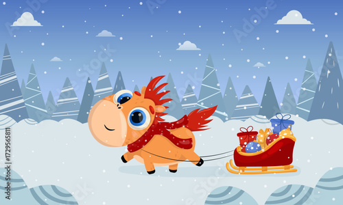 Vector illustration of a cheerful horse pulling a sleigh with New Year and Christmas gifts. New Year, Christmas, gifts, sleigh, holiday, 2026, Horse, Chinese New Year, Horoscope