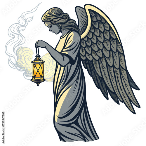 An angel with a halo holding a lit lantern, with smoke emanating.