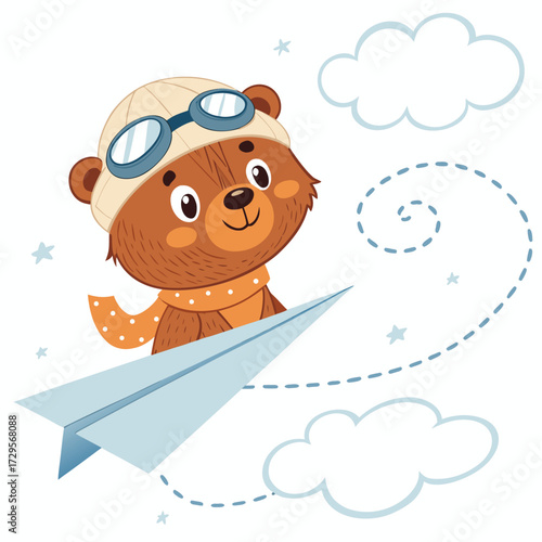 A cute cartoon bear flies on a paper airplane through the clouds.