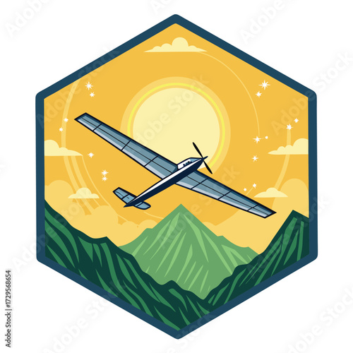 Airplane flying over green mountains under a bright sun.